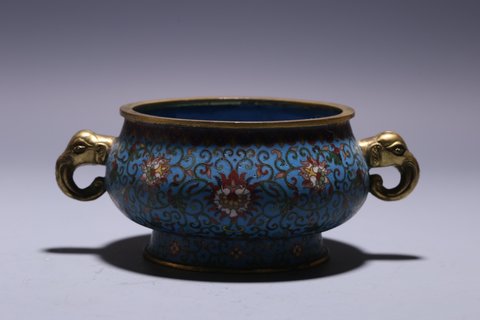 |清 铜胎景泰蓝双象耳香炉摆件