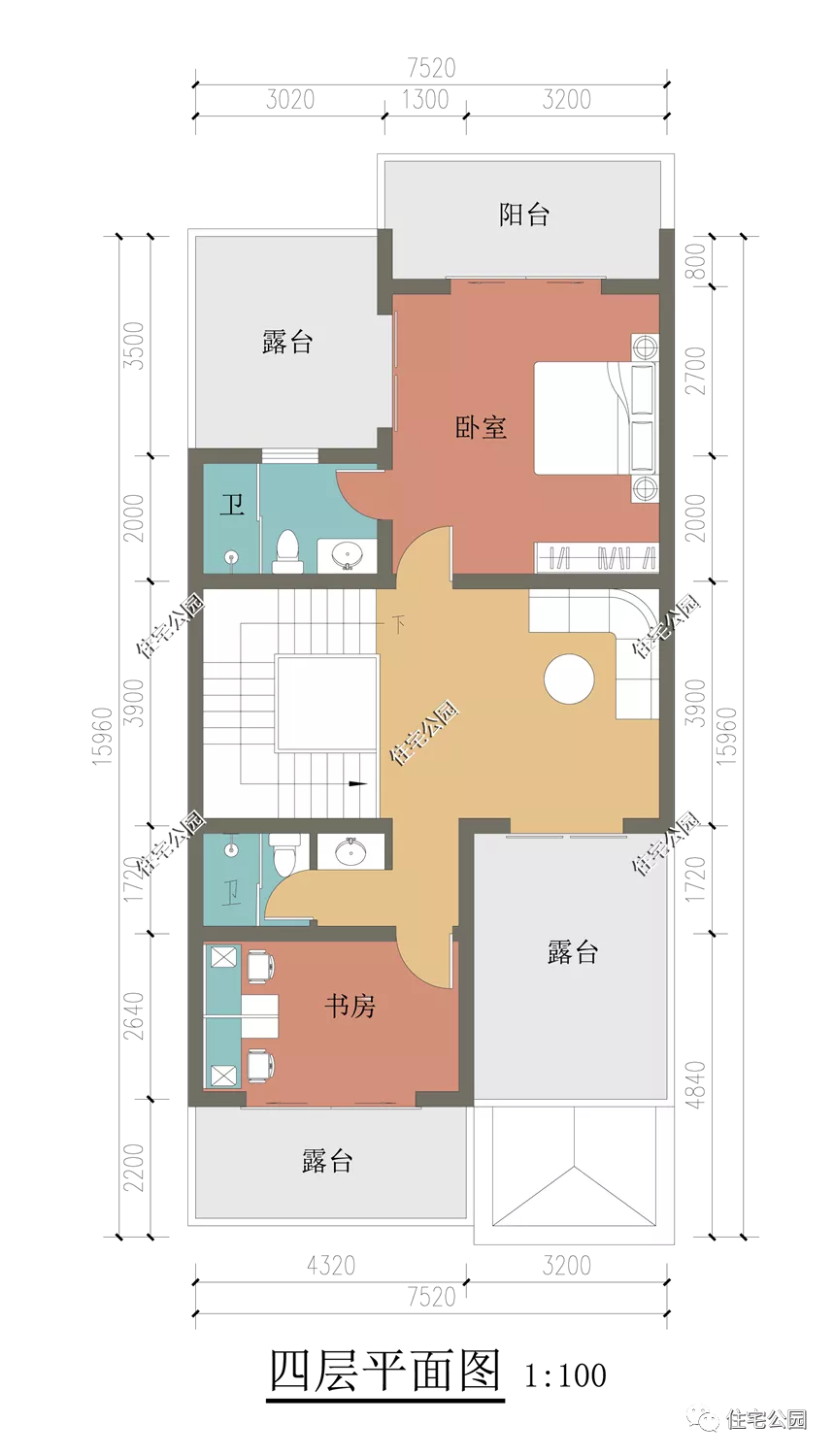 |东西无窗+舒适套房+顶层露台,7×15米小面宽四层别墅