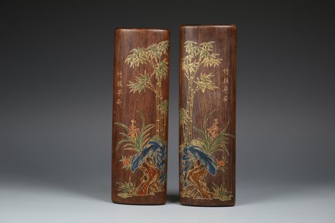 |旧藏，黄花梨“竹报平安”臂搁一对