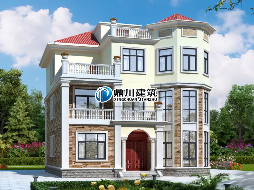 |12×12.8米，三层农村别墅，复式挑高客厅，宽敞屋顶露台