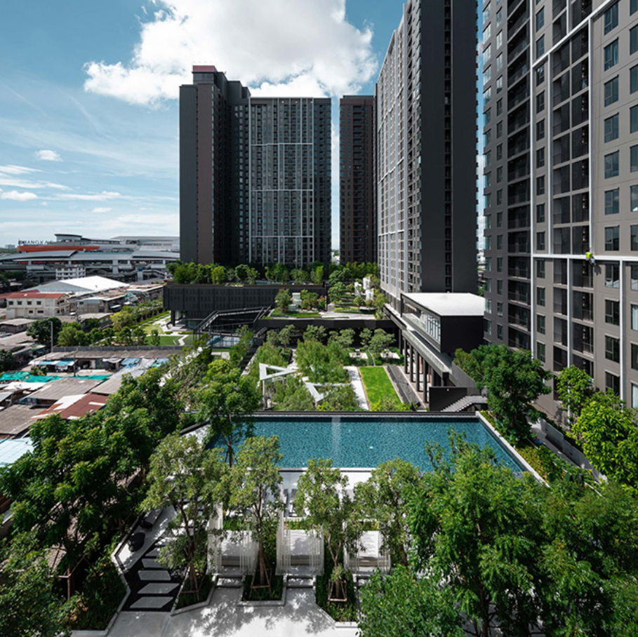 游泳池|曼谷三层住宅景观,之字形和三角形,雨滴灵感,简易廊架公式