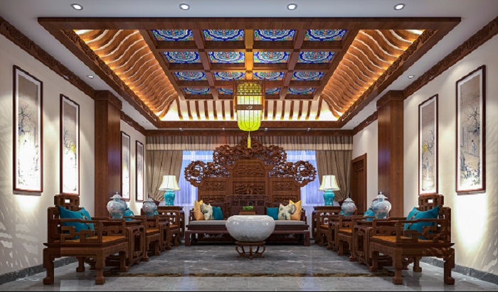 |中式设计|350㎡别墅装修 两种中堂客厅对比,你爱哪一种呢?