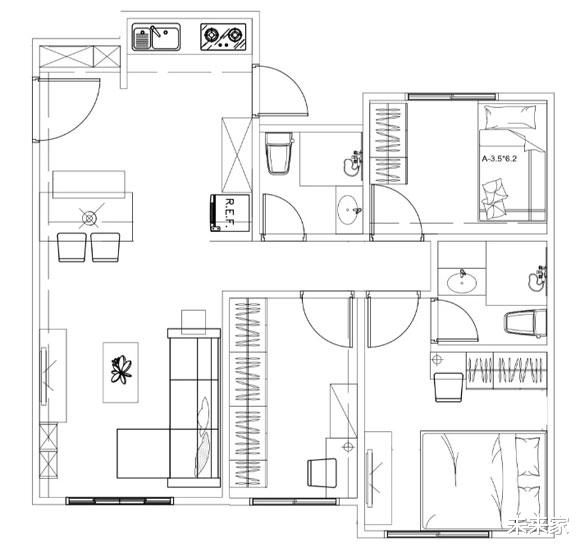 |72㎡也能做3房2卫，简约风格设计真温馨，虽然有些挤却特别实用！