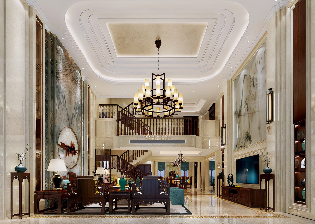 150平中式设计青翠色玉石背景墙，打造“温润如玉”的大宅空间