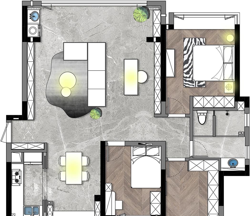 |一梯三户连廊房，庆幸有个大横厅，靠沙发分出间书房，130㎡变大宅