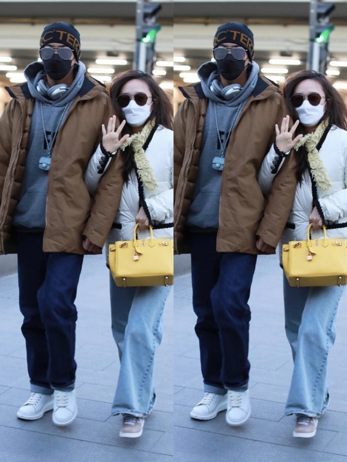 霍思燕|霍思燕私下里穿得挺暖和，白色棉服配围巾，和老公杜江牵手真甜蜜