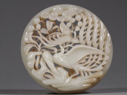 和田玉籽料|清代 和田玉籽料凤纹带板。