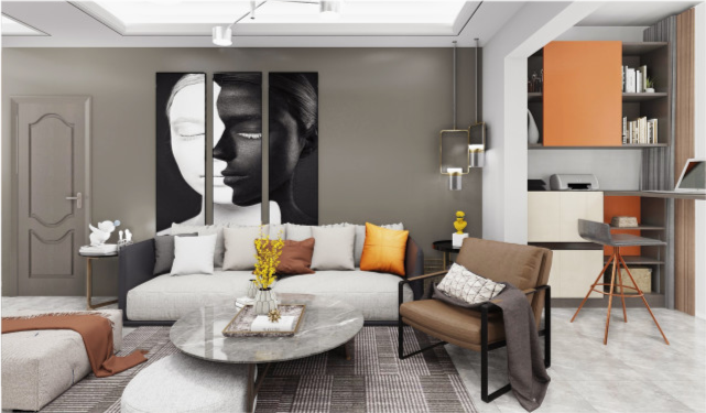 93平现代风二居室在黑白灰的色调中融入了爱马仕橙,就是亮眼
