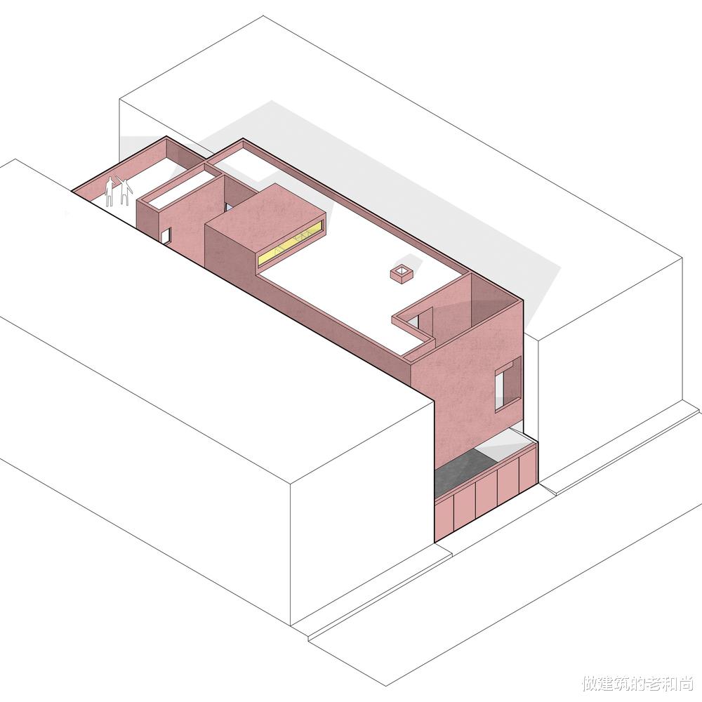 狭长型红色三层住宅:朴素简单的色调下,由天井引入阳光