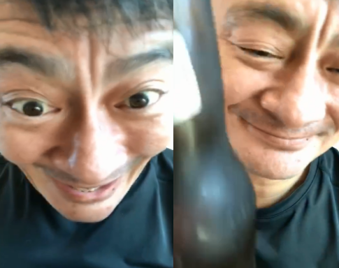 景岗山|54岁景岗山疑似发酒疯？对镜头扮丑大声叫喊，眼神迷离牙齿发黄