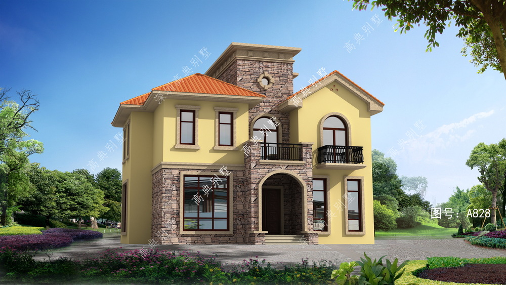 带堂屋的欧式别墅，适应不同家庭住房需要，建筑立面很简单。