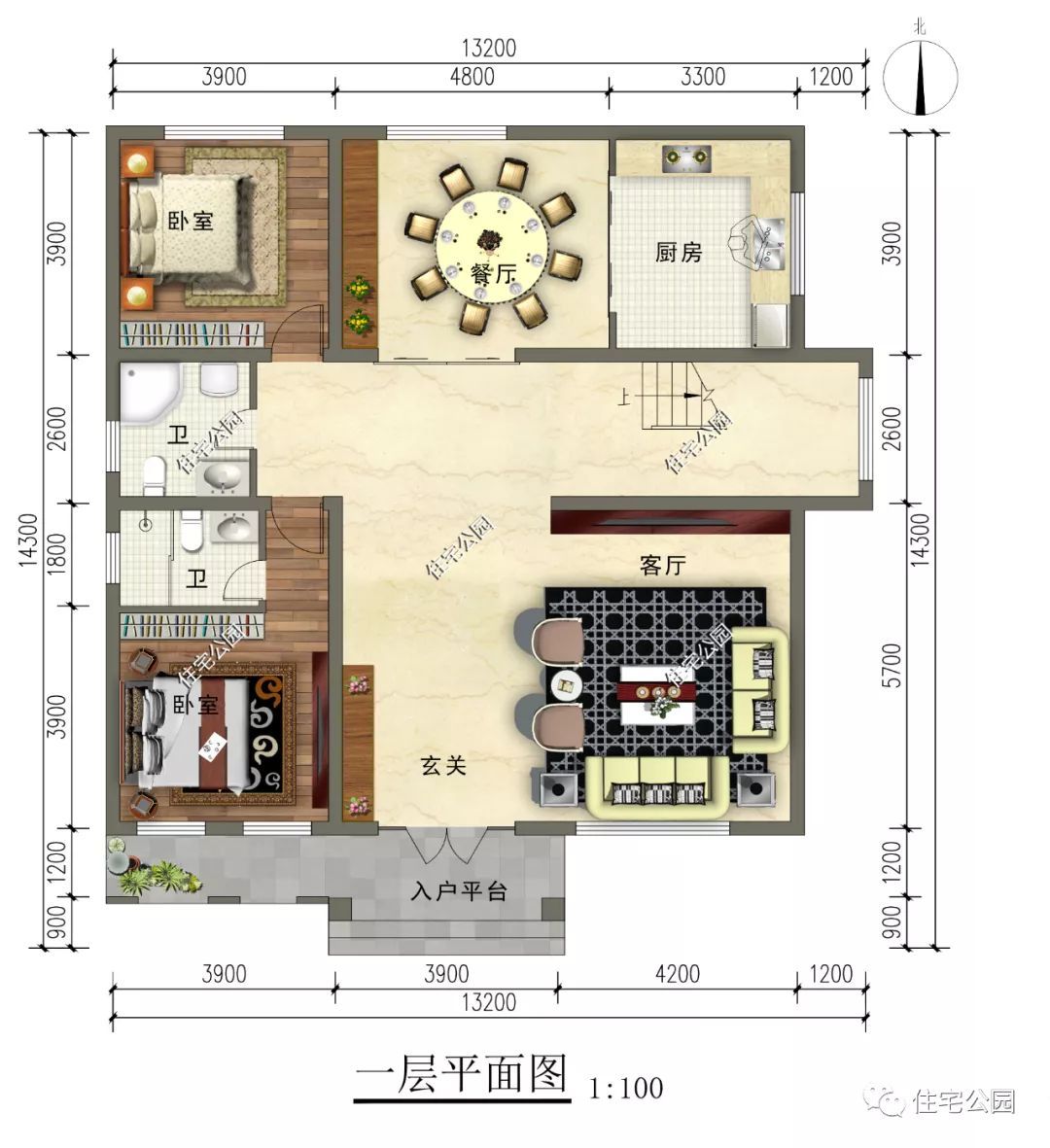 挑空客厅+落地窗+阳台，13×14米精致二层平屋顶别墅