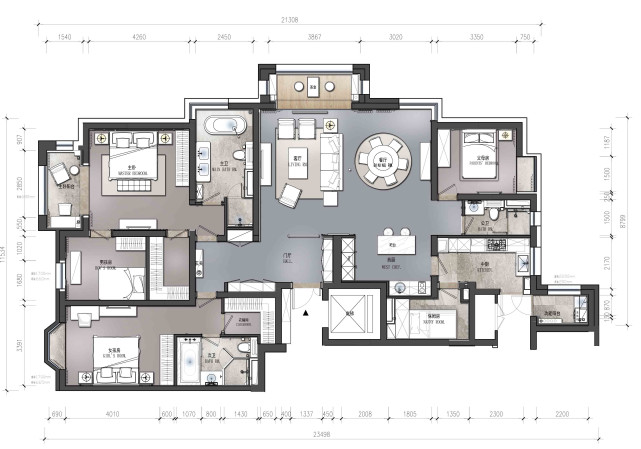 240平轻奢风五居室,阳台设计为休闲茶室,可品茗又可观景