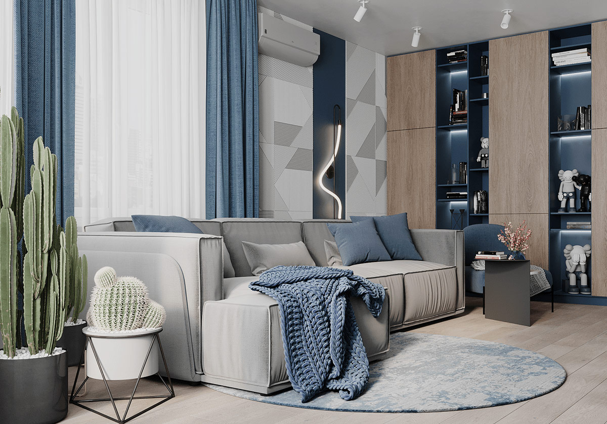 |198平软装设计，深蓝色与灰色的碰撞