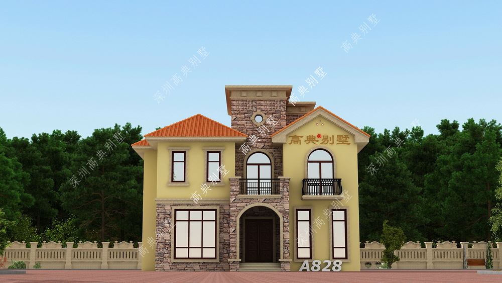 带堂屋的欧式别墅，适应不同家庭住房需要，建筑立面很简单。