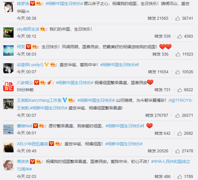 赵丽颖|新中国成立72周年，肖战王一博谢娜赵丽颖杨幂等众星为祖国庆生