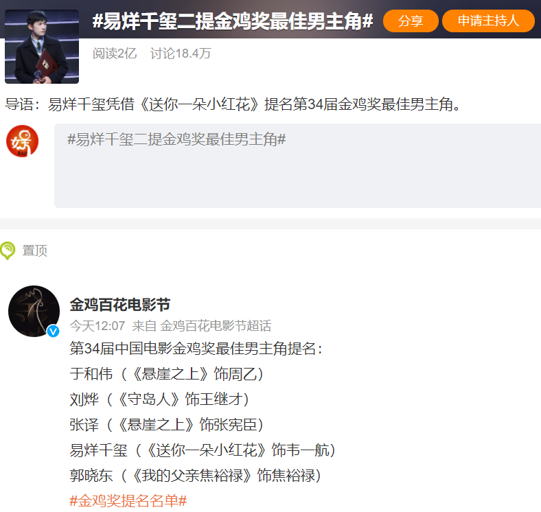 谢霆锋|“易烊千玺二提金鸡奖最佳男主角”上热搜，刘德华无缘金鸡奖影帝