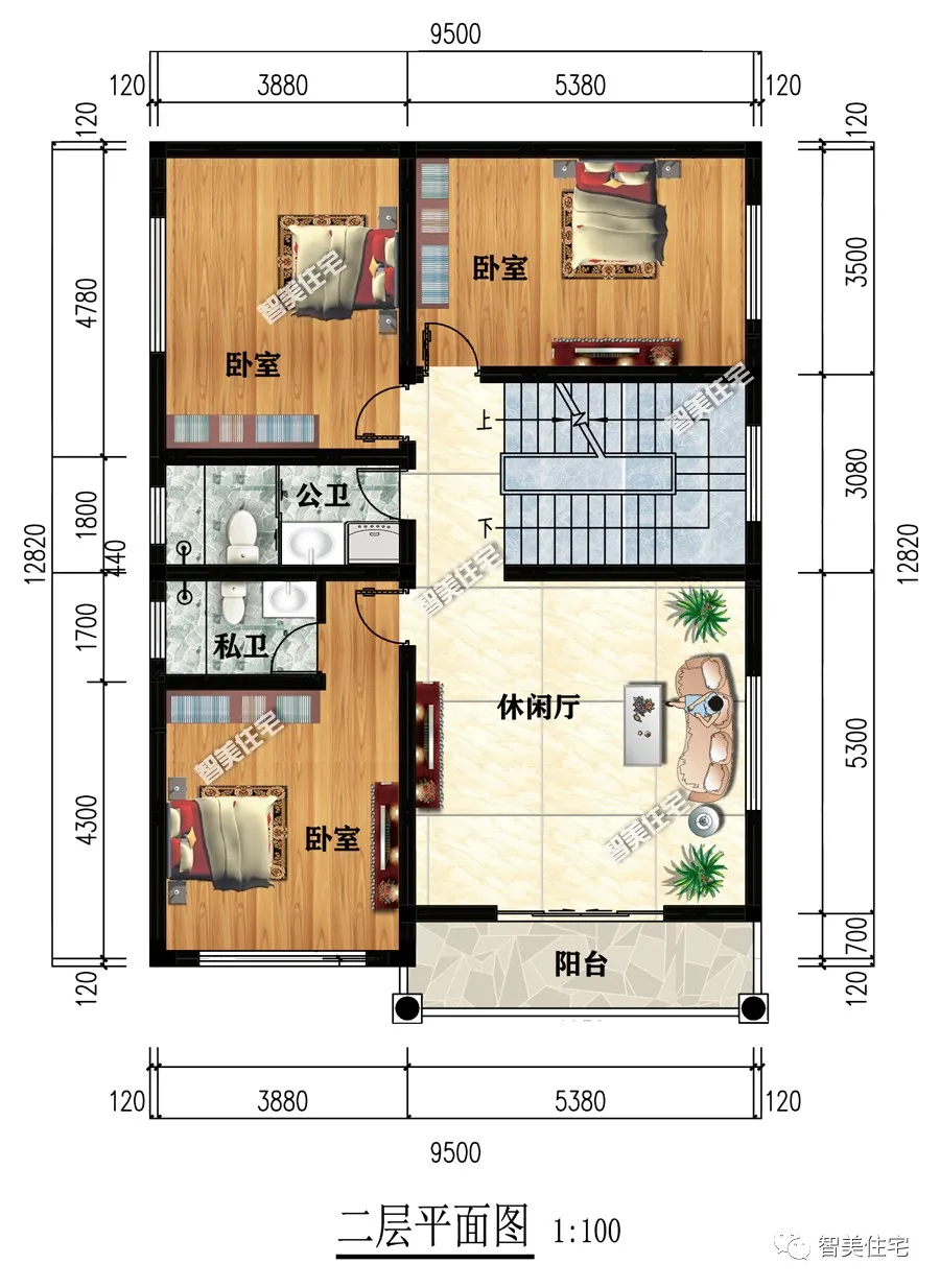 别墅|9.5×12.82米农村别墅，背立面不开窗，室内采光照样好