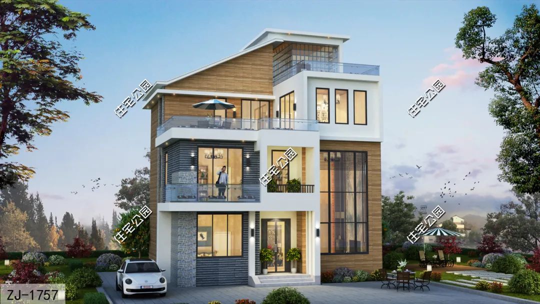 独立厨房+挑空客厅+观景大露台,11×11米质感现代风别墅