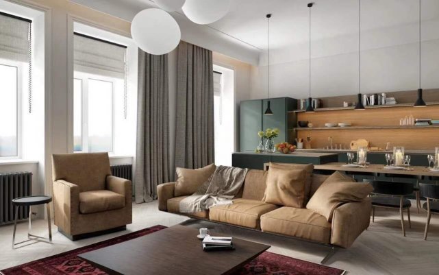 124平原木色与绿色搭配的橱柜，是客厅一道亮丽的风景线