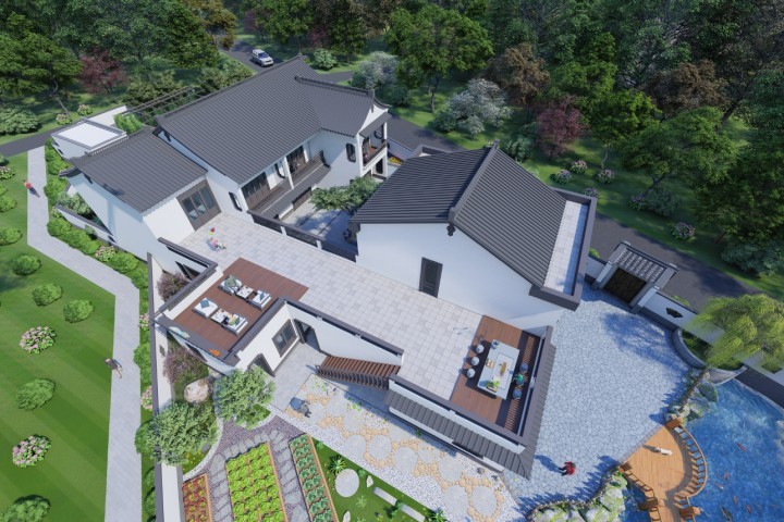 中式宅院2层 / 10室 9卫 2厅 1厨 1堂屋 1土灶 4储藏 1会客厅 5休闲区 3阳台 1屋顶花园