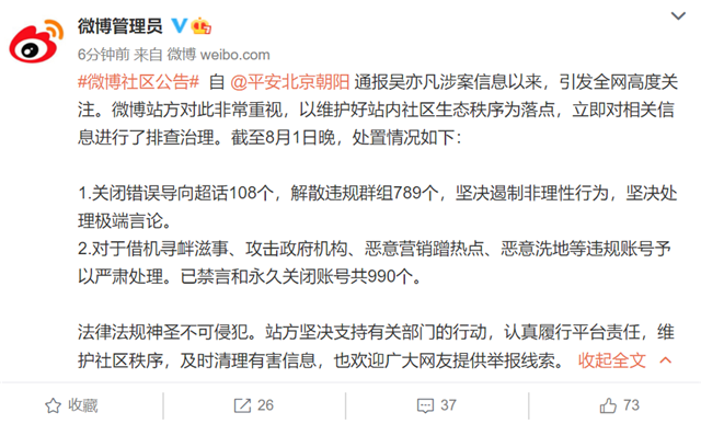 吴亦凡|吴亦凡粉丝发布不当言论，微博发布处罚，解散违规群组并关闭账号