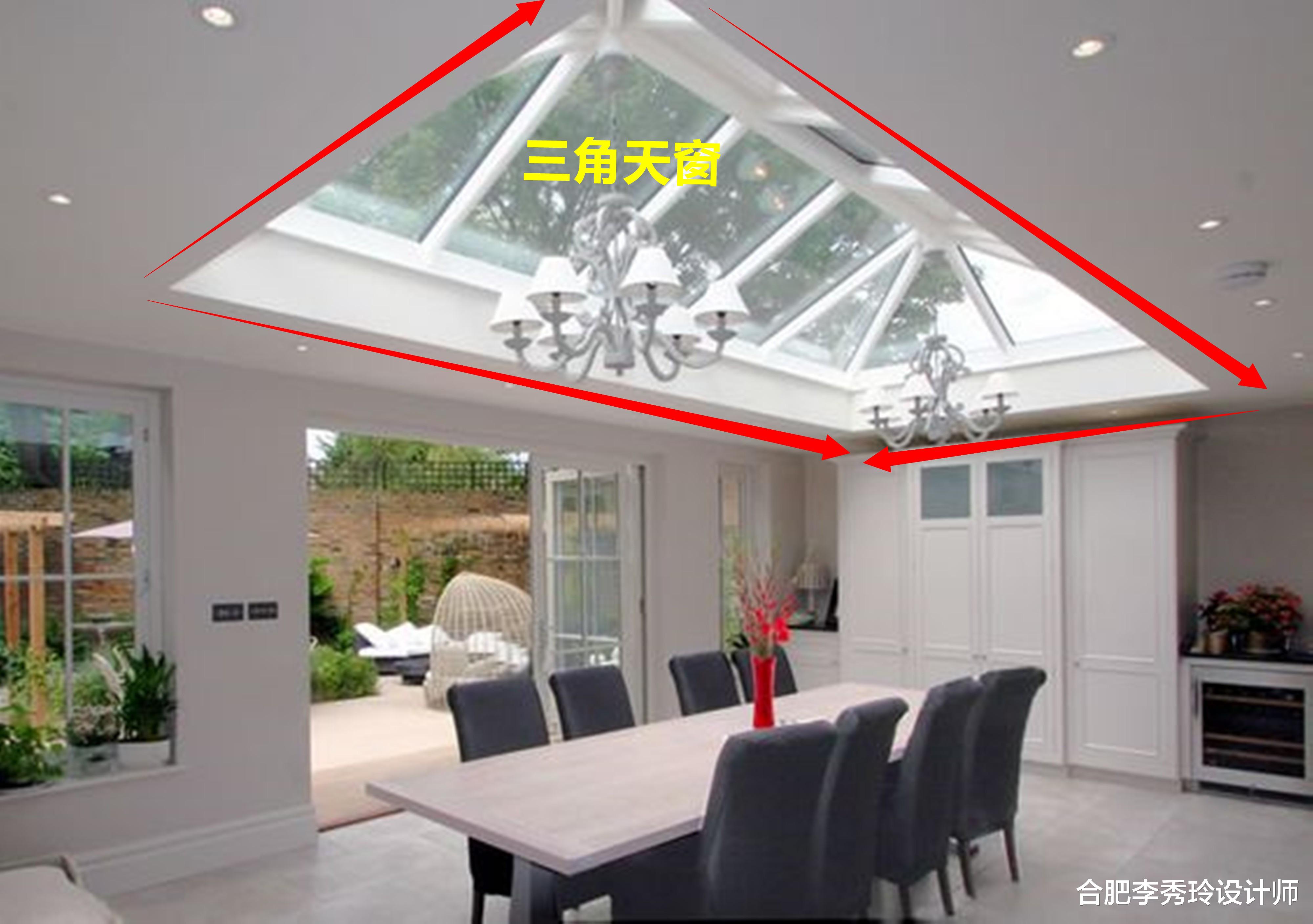 合肥李秀玲设计师 餐厅顶部开三角天窗太喜欢了，四面通风，空间宽敞，住成了阳光房