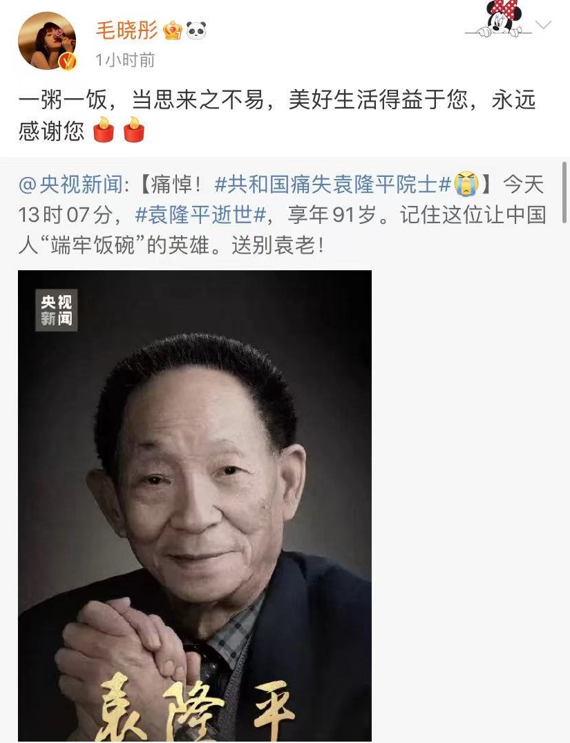 央视|袁隆平去世举国哀悼！baby取消粉丝见面会，虞书欣抢占热搜被骂