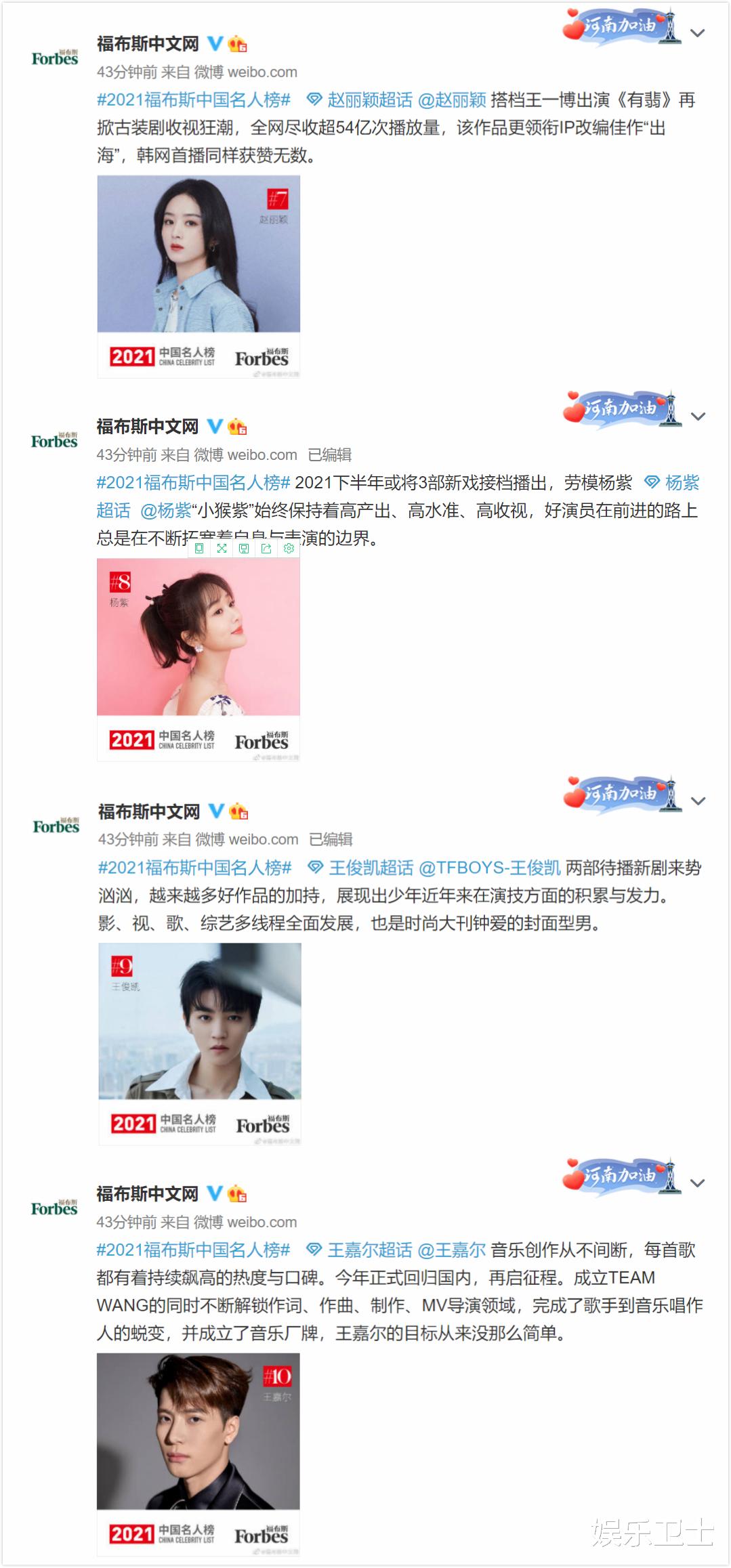 易烊千玺|2021中国福布斯名人榜公布，易烊千玺登顶，王一博第二，对赵丽颖评语太小气