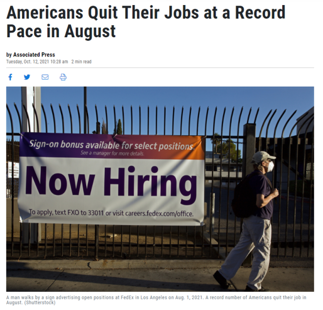 美国|岗位空缺却招不到人！因惧怕新冠病毒，美国人以创纪录速度辞职