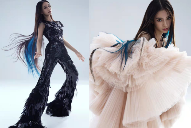 Angelababy|baby挑染蓝发造型曝光！穿性感毛衣秀小蛮腰，眼神魅惑太撩人