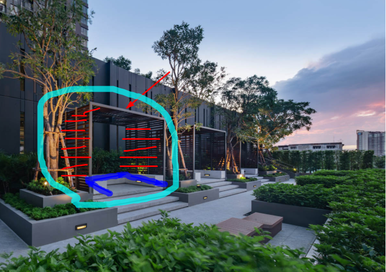 游泳池|曼谷三层住宅景观,之字形和三角形,雨滴灵感,简易廊架公式