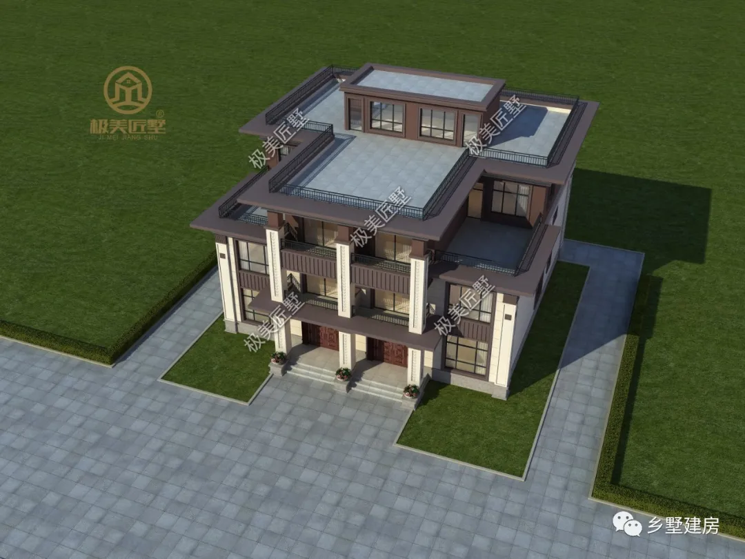 |新中式三层兄弟双拼别墅，平屋顶设计，布局舒适外观大气