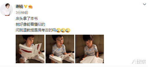 谢楠|谢楠晒3岁儿子看书照，吴老二一脸认真还质疑，网友齐呼“学霸”