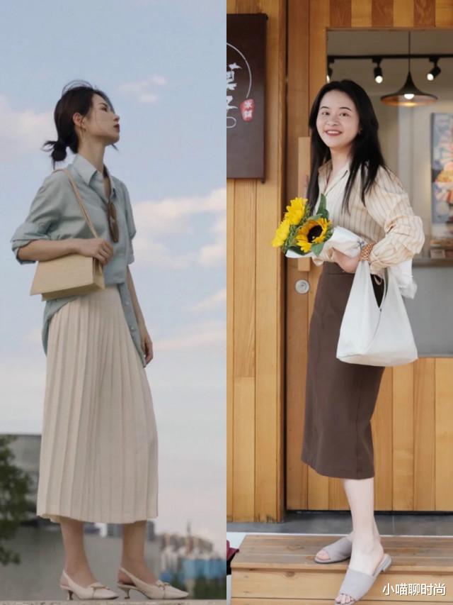 小喵聊时尚|今夏大火的“衬衫+过膝长裙”搭配,优雅洋气又高级,美得刚刚好