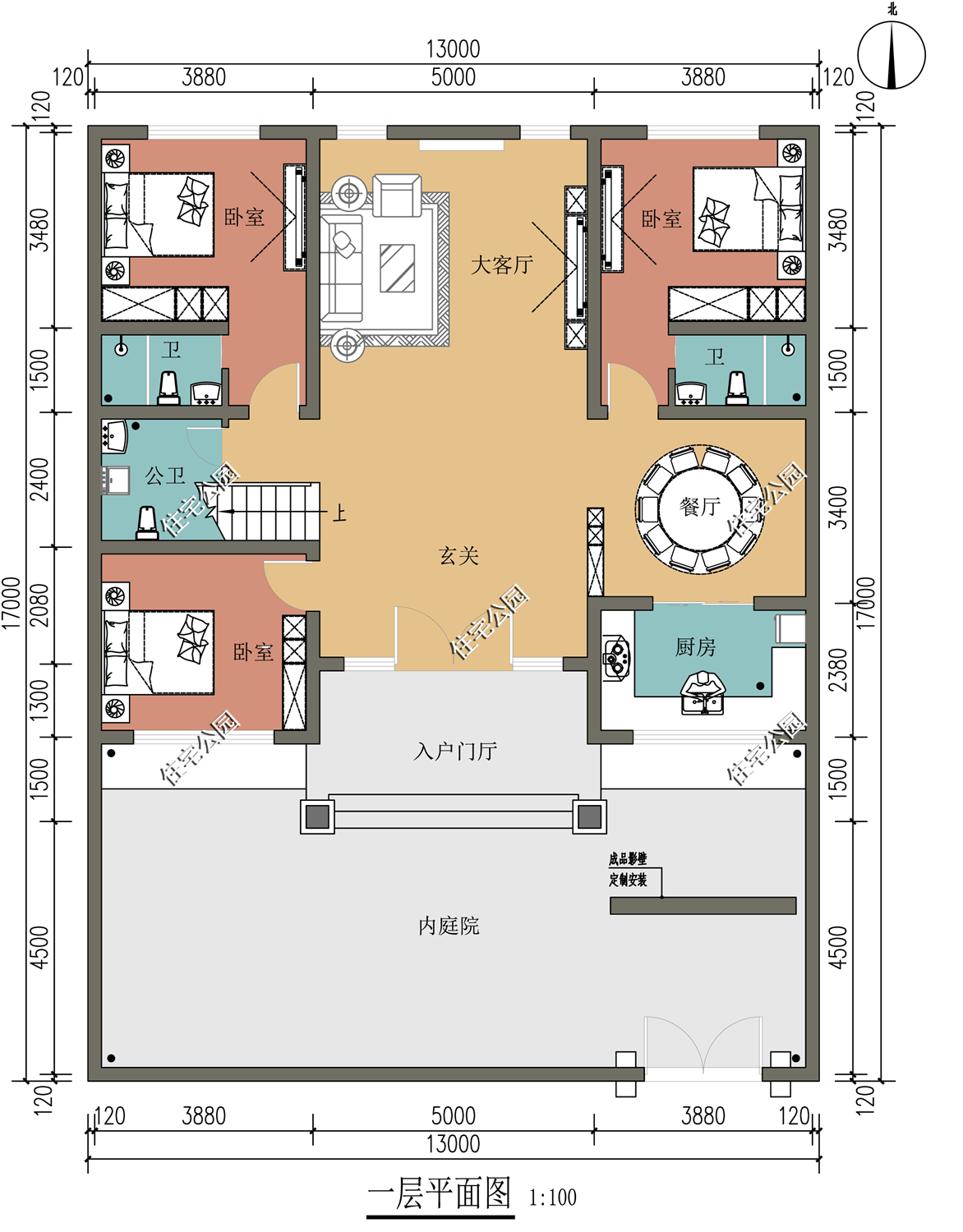 |2021年不能错过的自建房户型图，13×10米中式合院，100年都不过时