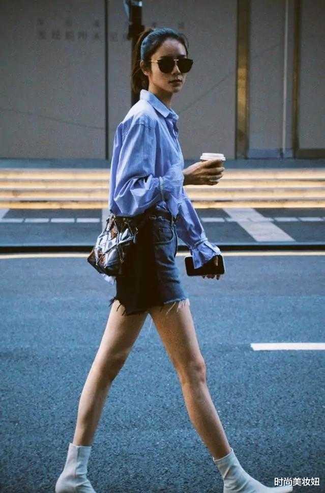 时尚美妆妞|林峰老婆张馨月很有“超模范”,穿蓝衬衫配短裤街拍,高级又洋气