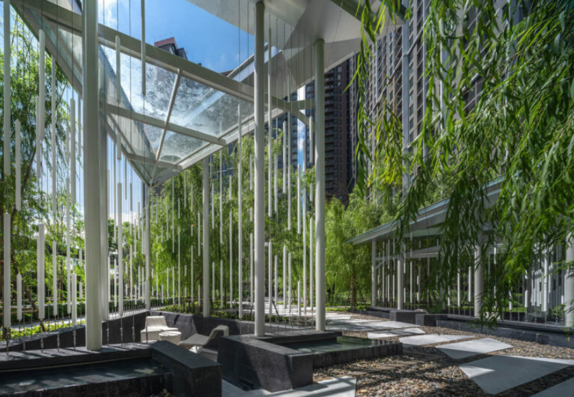 游泳池|曼谷三层住宅景观,之字形和三角形,雨滴灵感,简易廊架公式