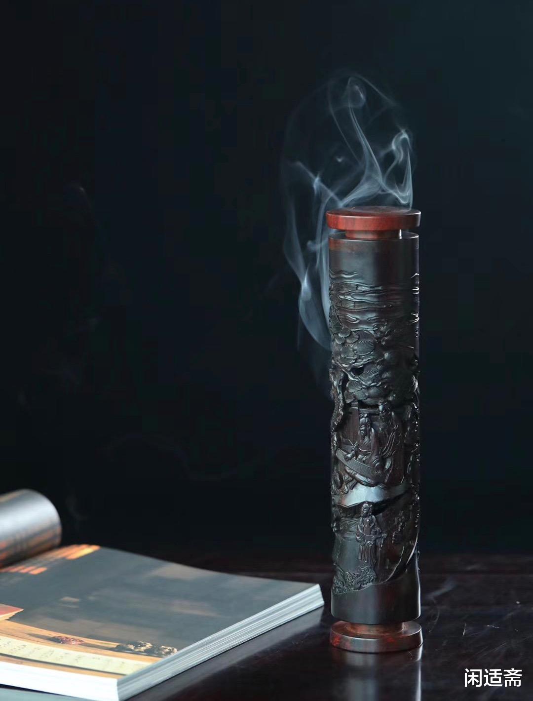 小叶紫檀|文人雅趣，小叶紫檀，高士抚琴图，案头香筒