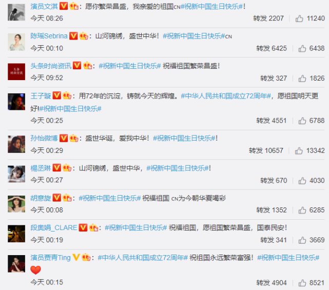 赵丽颖|新中国成立72周年，肖战王一博谢娜赵丽颖杨幂等众星为祖国庆生