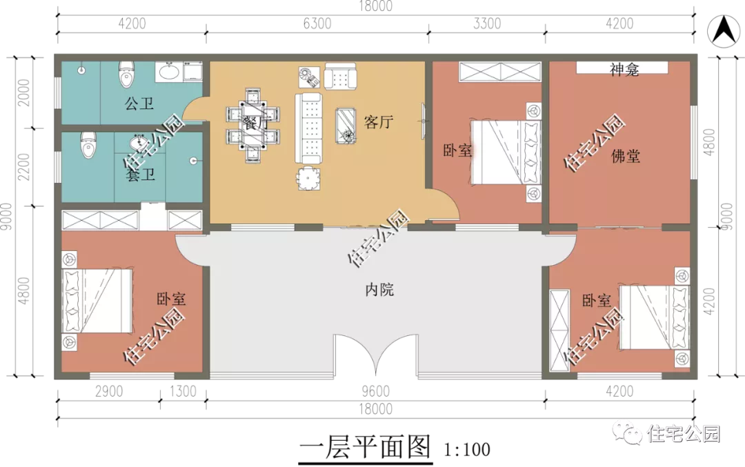 别墅|阳光中庭+屋顶平台，18×9米大面宽一层养老别墅