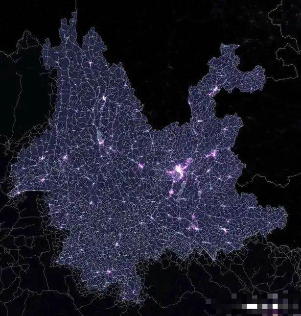 昆明 云南夜景灯光图地域分布：昆明一城独大，曲靖面积第二，滇西和滇南星星点点