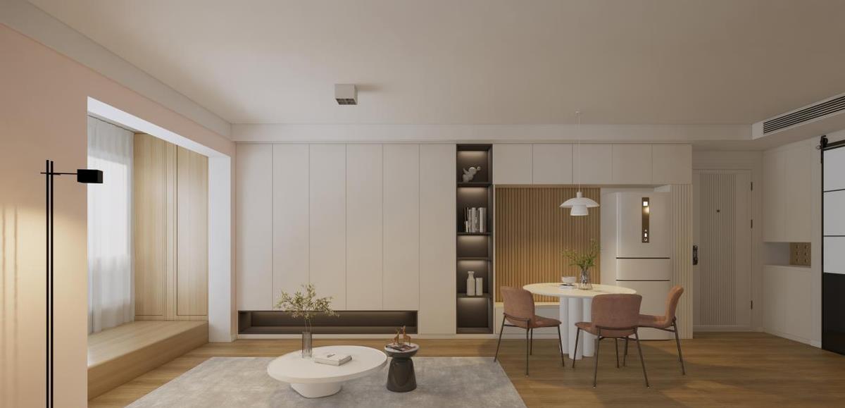 她家客餐厅能做装修模板了!共用5米6长收纳柜,多重功能加分不少