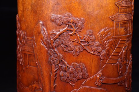 笔筒|黄花梨木雕“琴棋书画”笔筒