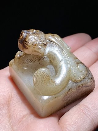 和田玉籽料|汉 和田玉籽料 白玉 螭虎 玉印