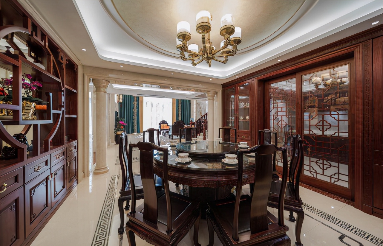 150平中式设计青翠色玉石背景墙，打造“温润如玉”的大宅空间