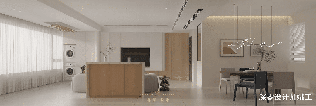 坚持沙发不靠墙是正确的，用岛台做隔断，126㎡从而拥有了西厨