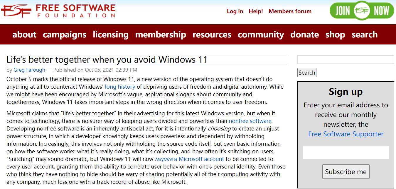 小米科技|FSF：Windows 11 仍在剥夺用户自由和数字自主权