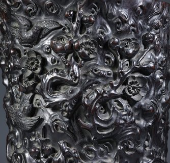 文房|大叶紫檀木雕·喜上眉梢文房笔筒