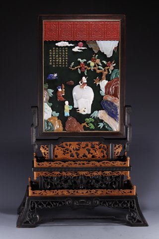 紫檀|旧藏，紫檀嵌百宝碧玉“太平有象”插屏